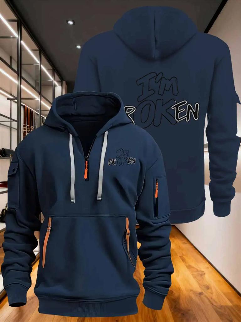 Men's hoodie, stylish with multiple zippers and pockets, loose fitting pullover print I'm ok English print