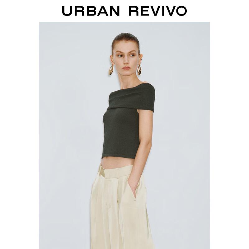 UR 2024 Autumn Women's French Off-Shoulder Short Knit T-Shirt