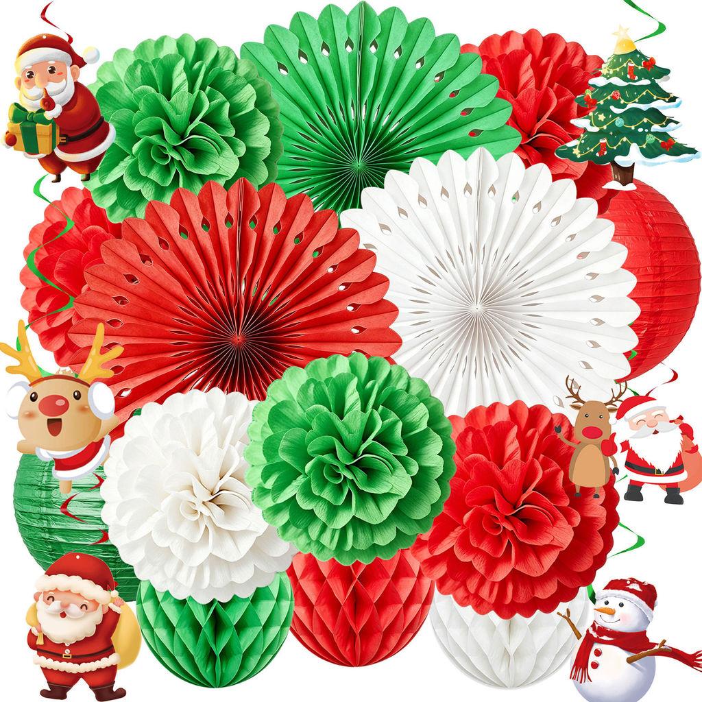 Christmas Party Decor Set With Paper Fans Paper Flowers Lanterns For Festive Event Venue Decoration