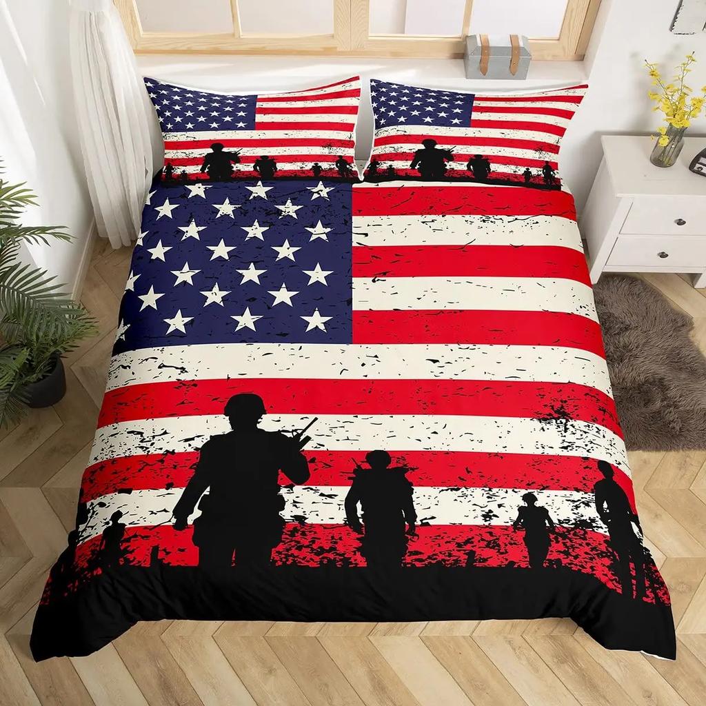Boys Army Green Duvet Cover Set Full King Size,Classic Camouflage Bedding Set,USA Soldier Silhouette Comforter Cover Quilt Cover