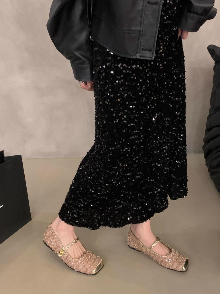 Sequined Silver Bag Head Half Slippers Spring and Summer Temperament Mary Jane Single Shoes Flat Mullers