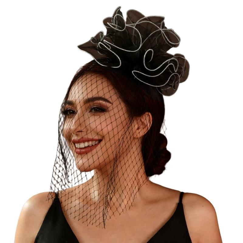 

Elegant Tulle Flower Veil Headwear For Women Bridal Shower Hair Accessory Fascinator Headpiece for Cocktails Parties 1 чорний