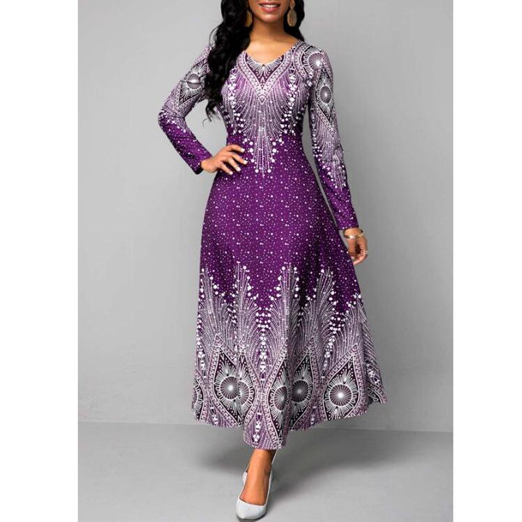 European & American V-Neck Retro Print Long Sleeve Maxi Dress - Spring & Autumn Women's Fashion