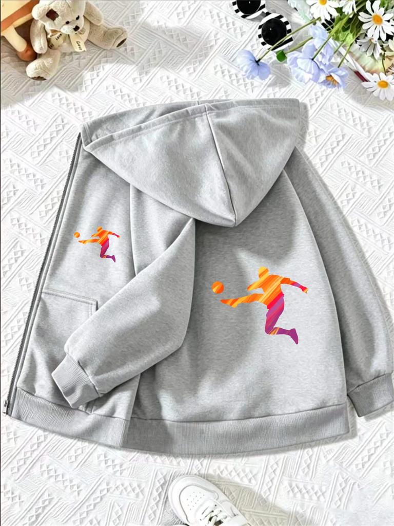 Kids Colorful Soccer Player Silhouette Zip Up Hoodie Loose Long Sleeve Hooded Jacket Sports Casual Outerwear For Boys Girls