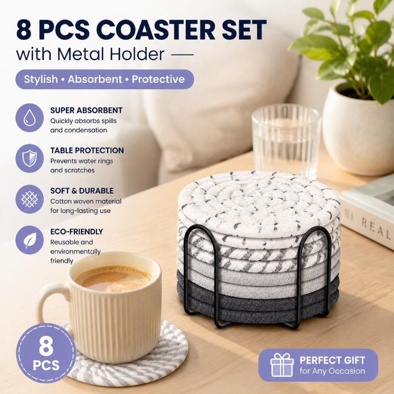 8 Cotton Rope Woven Placemats and Coasters: Handcrafted, Minimalist Coasters with a Japanese-Style Table Setting