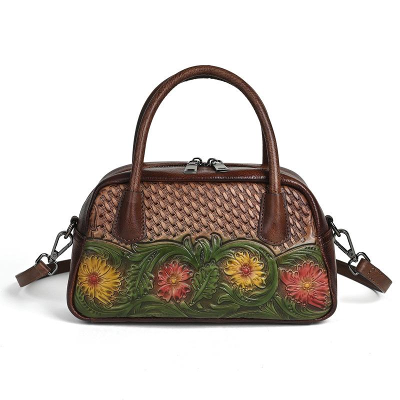 Johnature Ethnic Style Genuine Leather Retro Handbag Handmade Leather Carving Women's Shoulder Crossbody Bags