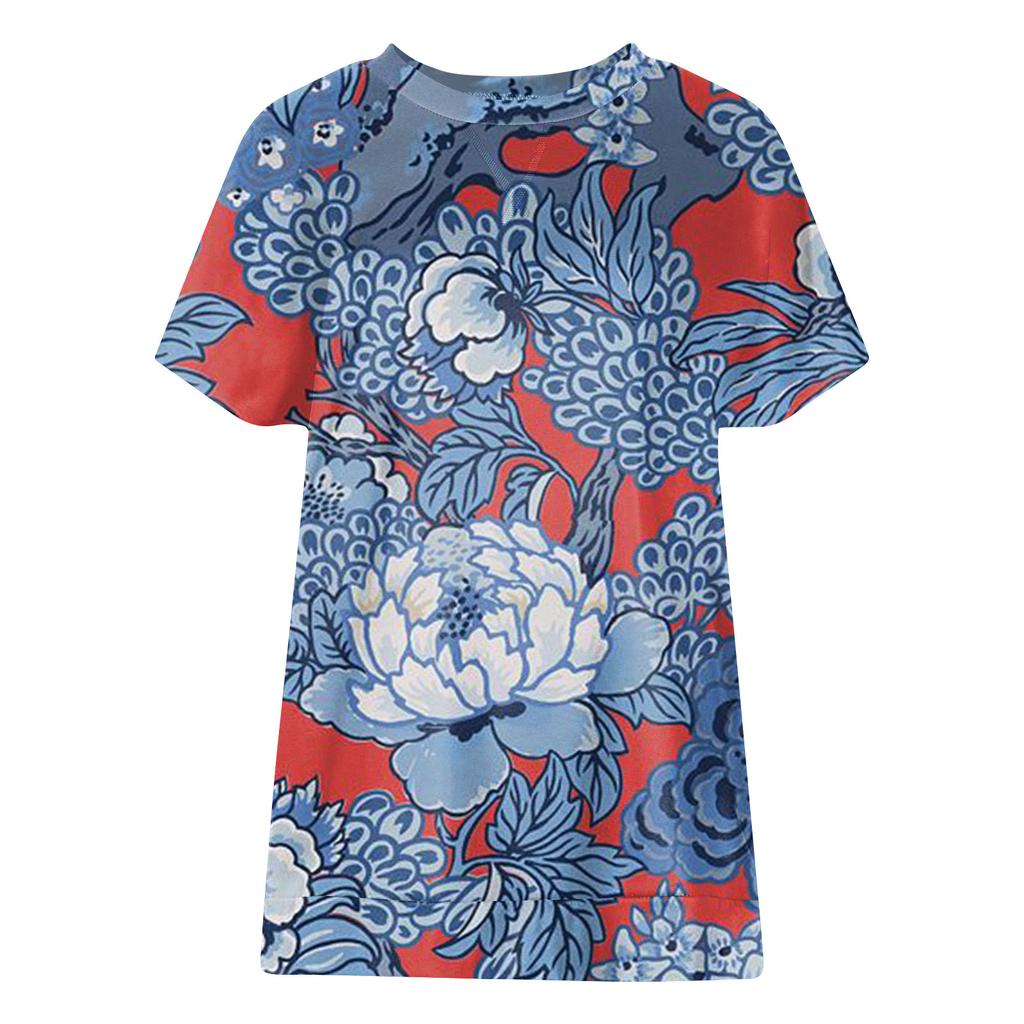 Women's Printed Short Sleeve Round Neck Retro Short Sleeve Summer Loose Tops Tops Women's Summer T-Shirts