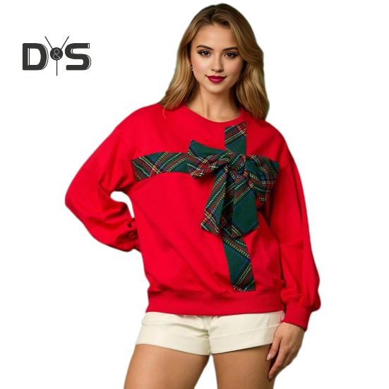 Christmas Hoodie Women O-Neck Long Sleeve Plaid Print Bowknot Decor Sport Tops Loose Fit Casual Pullover Tops