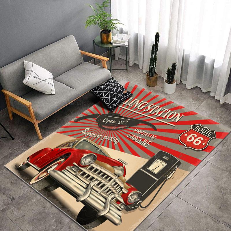 Vintage Auto Metallschilder Garage Hot Rod Tankstelle Mit Roter Limousine Retro Teppich Von Ho Me Lili Für Haus Boden Dekor Teppich