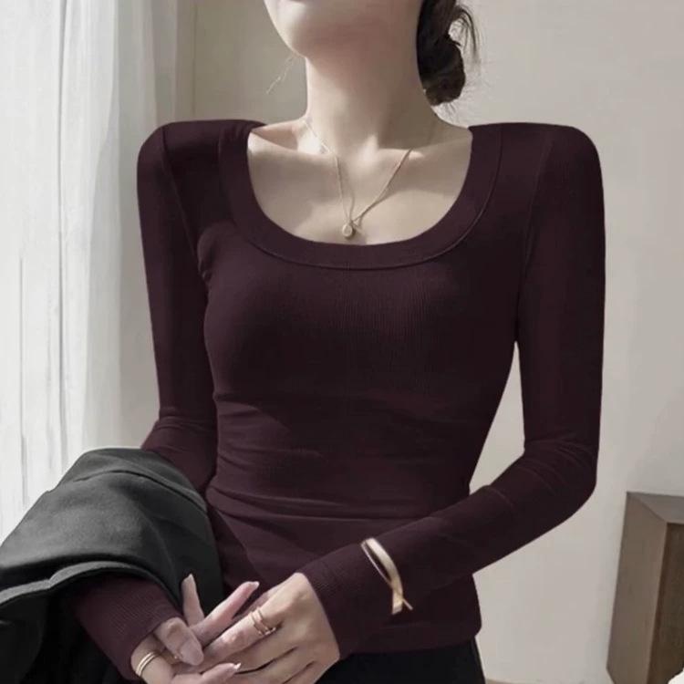 Cotton T-thread U-neck Long Sleeve Slimming Solid Color Top - Versatile & Stylish Base Layer T-shirt