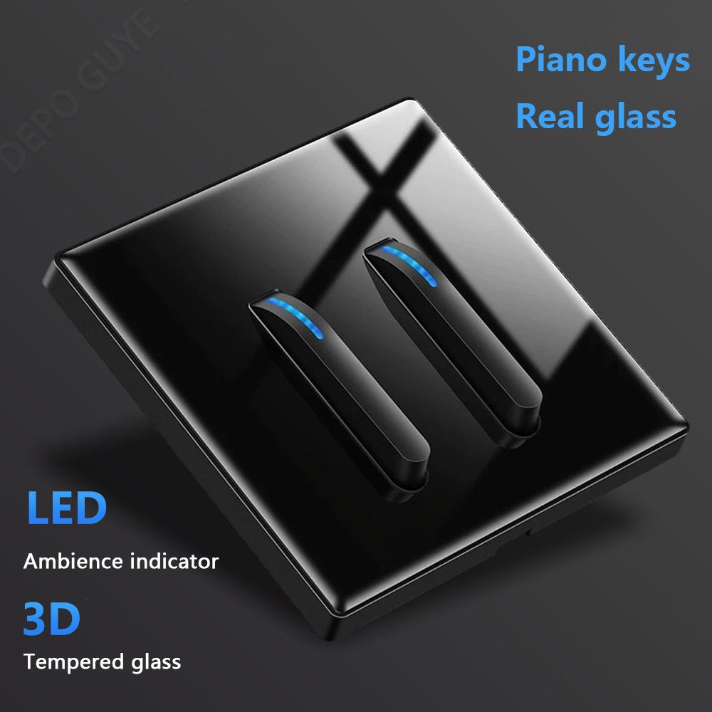 Luxury LED Indicator Light Switch Black Tempered Glass Piano Key Self-reset Wall switch,UK EU Universal USB C Electrical Socket