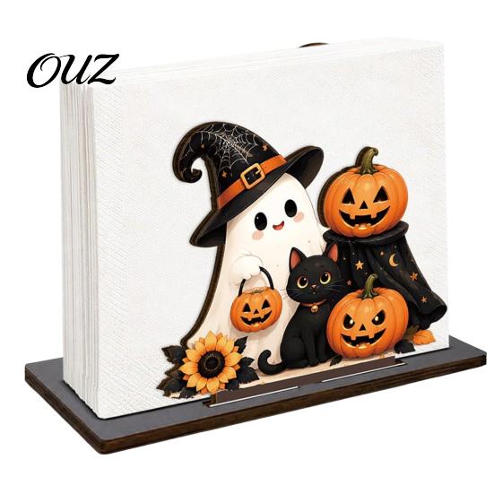 Wooden Napkin Dispenser Halloween Holder for Table, Ghost Pumpkin Black Cat Standing Stand Dispenser, Paper Towel Kitchen Dining Table Decorative
