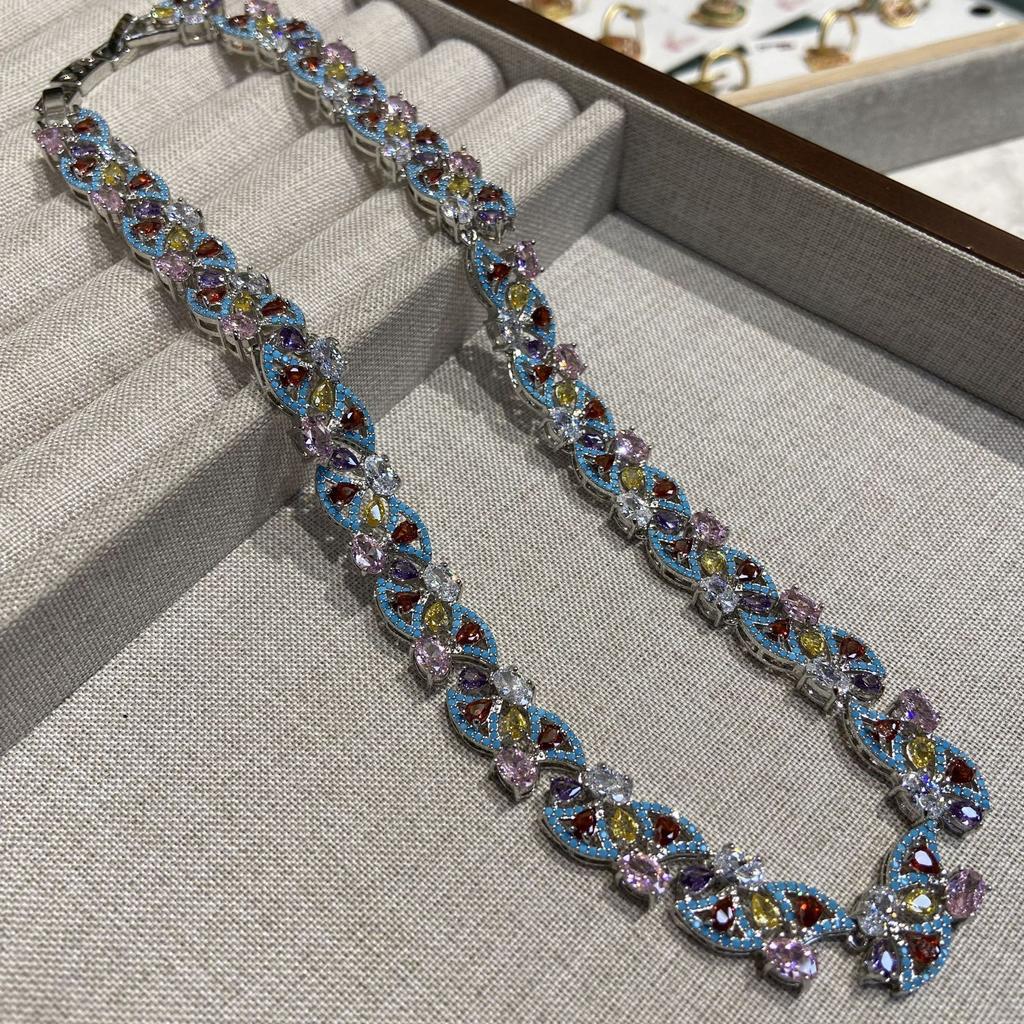 Color Treasure Necklace Jewelry Ancient Gold-Plated Hand-Carved Colored Gemstones Full Of Diamonds Droplets Zircon Exquisite Light Luxury Necklace