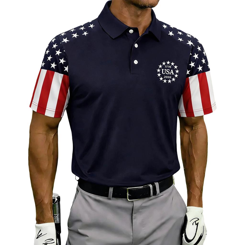 Men Golf Polo Shirt Short Sleeve Button Up Collared Top with USA Flag Print Casual Athletic Fit for Outdoor Sports