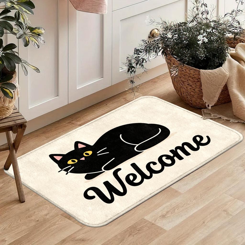 Curled Black Cat Welcome Flannel Floor Mat, Door Non-slip Foot Mat, Entrance Atmosphere Decorative Carpet