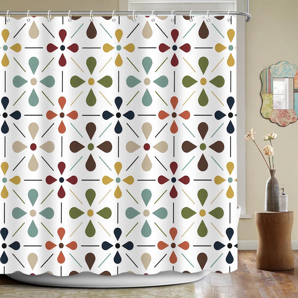 Mid Century Modern Shower Curtain, Geometric Abstract Bathroom Decor Set With Hooks, Waterproof Washable Retro Fabric Decor