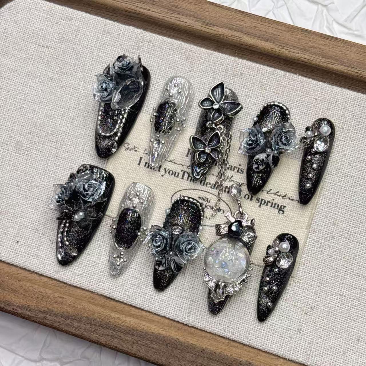 Elegant Dark Black Pointed Faux Nails with Fringe and Heavy Detailing, European/American Style, Medium-Length, Handmade, Beautiful and Wearable.