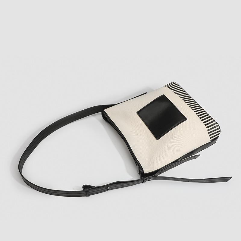 Small Canvas Splicing Large Capacity Bucket Bag Wide Shoulder Strap Fashion All-in-one Striped Shoulder Bag