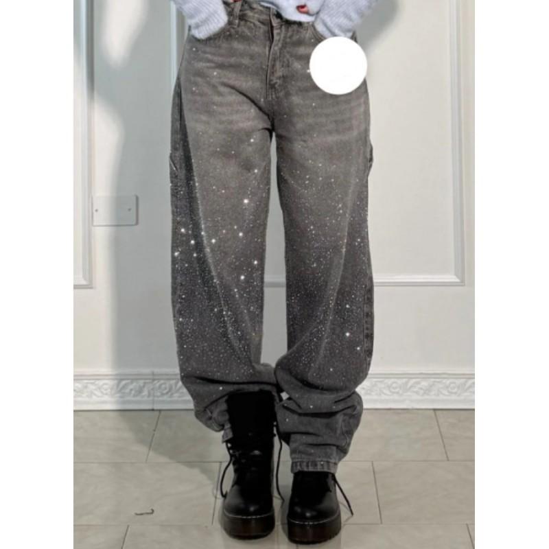 Damskie Jeansy Baggy z Szerokimi Nogawkami na Wiosnę z Błyszczącymi Dżetami Szerokie Nogawki Długie Spodnie Jeansowe Vintage Spodnie Spierane Spodnie Codzienne