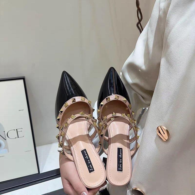 Korean version of heightening wind and summer, rivets, pointed heads show legs, long cool slippers, thick heels, baotou, half slippers, sexy