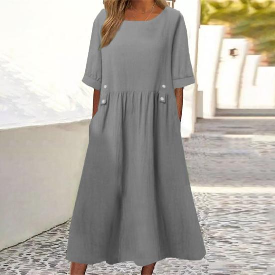 Women Dress Loose Fit Mid Length Double Pockets Button Decoration Round Neck Short Sleeve Boho Style Summer Dress Workwear