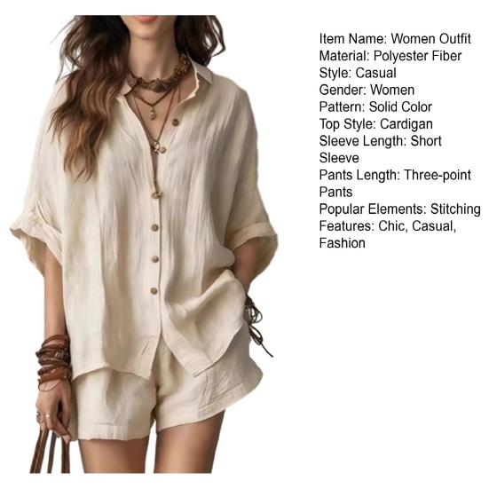 Women Summer Two Piece Outfit Casual Short Sleeve Button Down Shirt And Shorts Casual Lounge Sets with Pockets