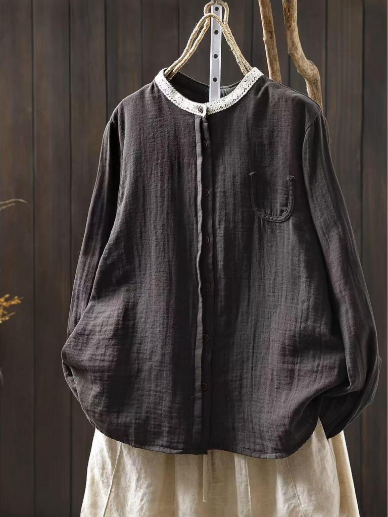 Autumn Cotton Lace Stand Collar Artistic Patchwork Age-Reducing Shirt