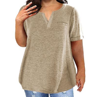 Women T-shirt V-Neck Short Sleeve Tops with Chest Pockets Solid Color Casual Loose Fit Tee Shirt Daily Wear