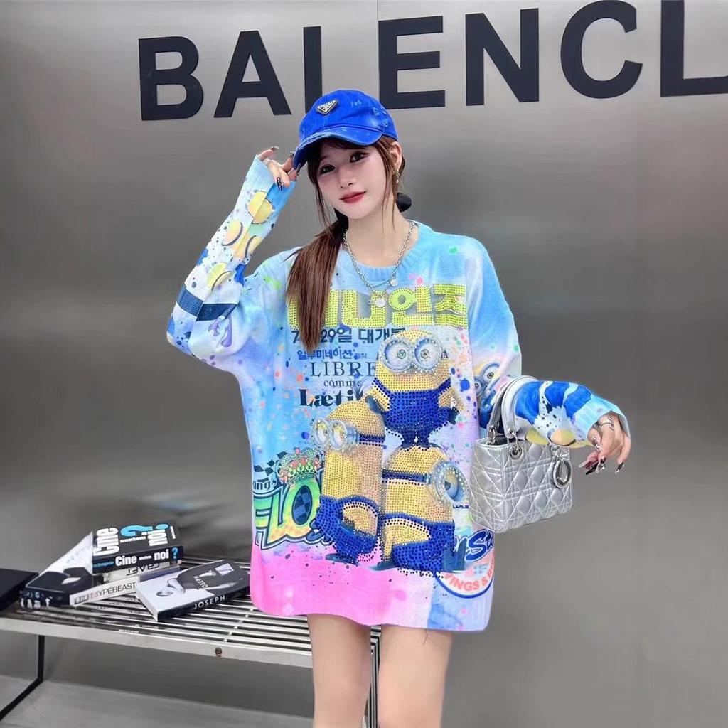 European Rhinestone Cartoon Sweater - Women's Round Neck Faux Mink Velvet Knit for Autumn/Winter