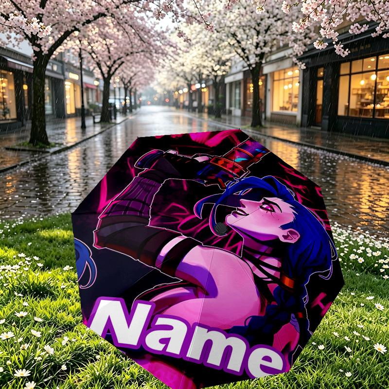 Custom Name Personalized Jinx Print Umbrella, Auto Open Close, 8‑Rib Sturdy Frame, Commute Camping Hiking Use, Birthday Gift
