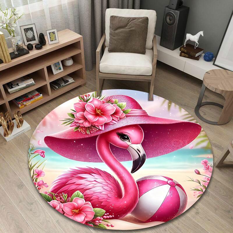 Luxury Round Flamingo Pink Area Rug, Non-Slip Floor Mat for Bedroom