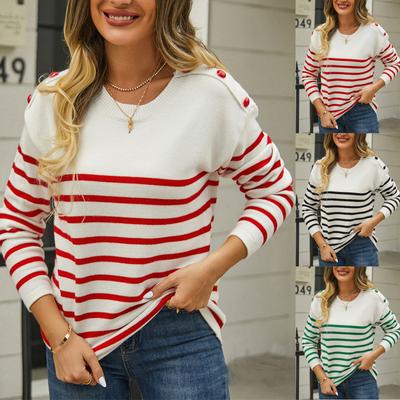 Women's Casual Fashion Comfortable Round Neck Pullover Contrast Color Striped Long Sleeve Street Trend Knitted Sweater