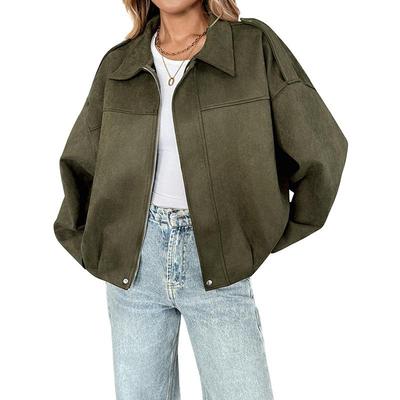 Women's Faux Suede Jackets Oversized Long Sleeve Zip Up Jacket Coat Casual Lapel Open Front Outerwear