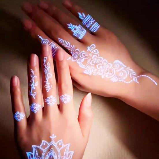 6Pcs Glow in Dark Tattoo Stickers, Lace Temporary Body Art for Hands, Waterproof Indian Mehndi Tattoos for Women Girls