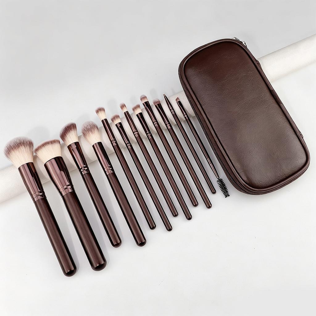12 Brown Makeup Brush Set with Bag Soft Loose Powder Blush Brush Foundation Brush Eyeshadow Brush