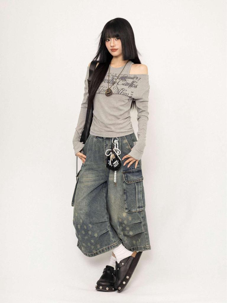 Damen Herbst Retro Ein-Schulter Slim Fit Langarm Oberteil