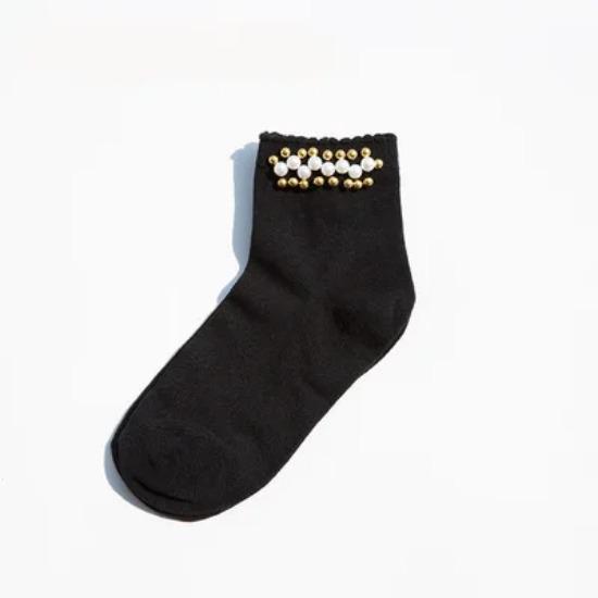 Black/White Korean Reto Pearl Socks Women Elastic Cotton Handmade Meias Creative Socks Harajuku Calcetines Mujer