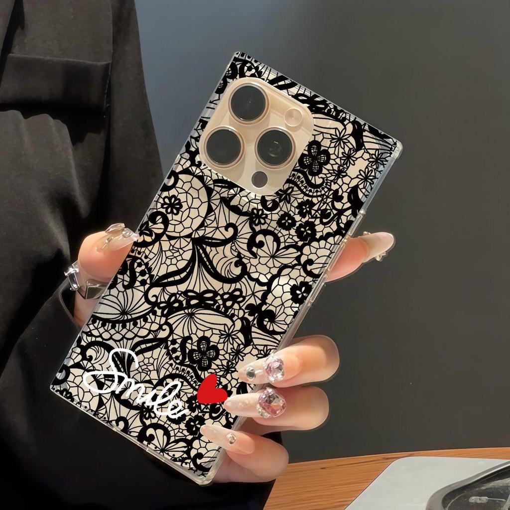 Clear Square Back Tube Case Protection For iPhone 12 14 Pro Max 16 ProMax 13 15 Plus 11 Anti-Oxygen,Black Floral Heart Pattern Casing