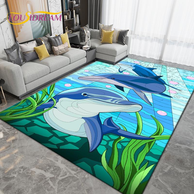 Ocean Underwater World Fish Dolphin Octopus Area Rug,Carpet Rug for Living Room Bedroom Sofa,Kitchen Bathroom Non-slip Floor Mat