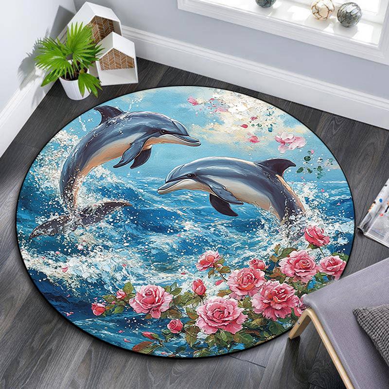 Dolphins Round Area Rug,Carpet Rug for Living Room Bedroom Sofa Playroom Decor,Non-slip Floor Mat