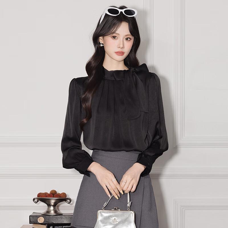 Troloman Women s Elegant Long-Sleeve Satin Blouse with Side Bow L