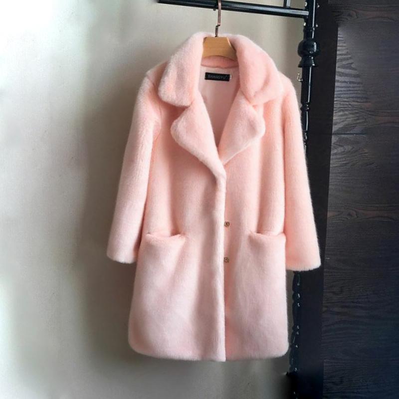 Damski płaszcz ze sztucznego futra z norek Solidny damski kołnierzyk na dół Zimowy ciepły sztuczny futrzany płaszcz damski Casual Jacket