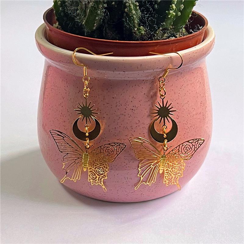 Fashion New Product Gold Star Zinc Alloy Moon Earhook Earrings Gold Hollow Pattern Butterfly Jewelry Earrings