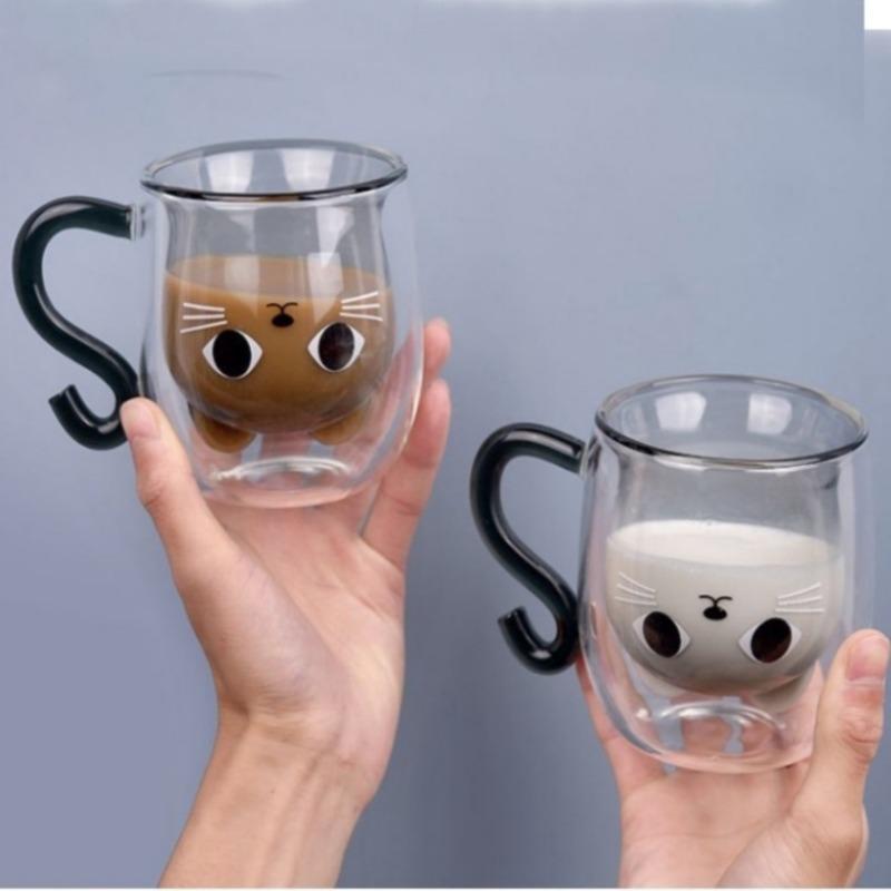 Creative Cartoon Cat Double Wall Glass Cup with Handle Cute Coffee Cup Heat-resistant Mug Office Kitchen Drink Ware