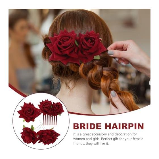 Lurrose Red Hair Clips Set of 4, Bridal Wedding Hair Accessories, Bride Hair Ornaments, Lightweight 43G, Kanzashi-style Hairpins, Realistic Rose