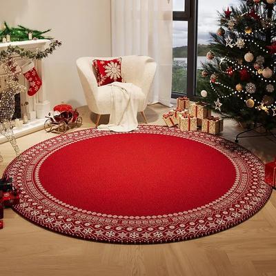 Round Christmas Rugs Merry Christmas Decorative Non-Slip Floor Mat for Living Room Bedroom Christmas Home Decoration