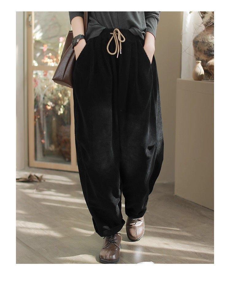 Women's Retro Corduroy Harem Pants - Elastic Waist, Lace-up, Patchwork, Plus Velvet, Thickened for Spring/Autumn