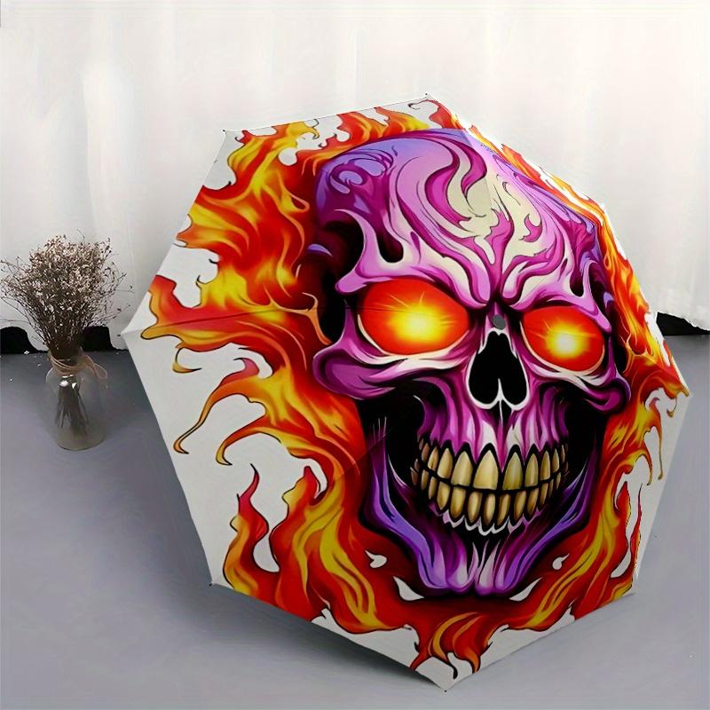 1pc Flaming Skull Pattern Umbrella, Fashionable, Personalized, High-Value Folding Umbrella, a Must-Have for Summer, 8-Rib Durable Iron Frame, Tri