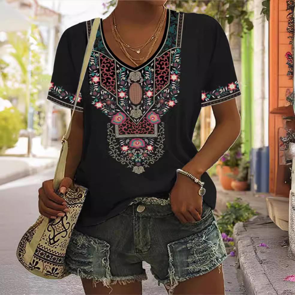 

Summer V-neck 3D Retro Ethnic Style Printed Top Fashionable Casual Short Sleeved Women s T-shirts S