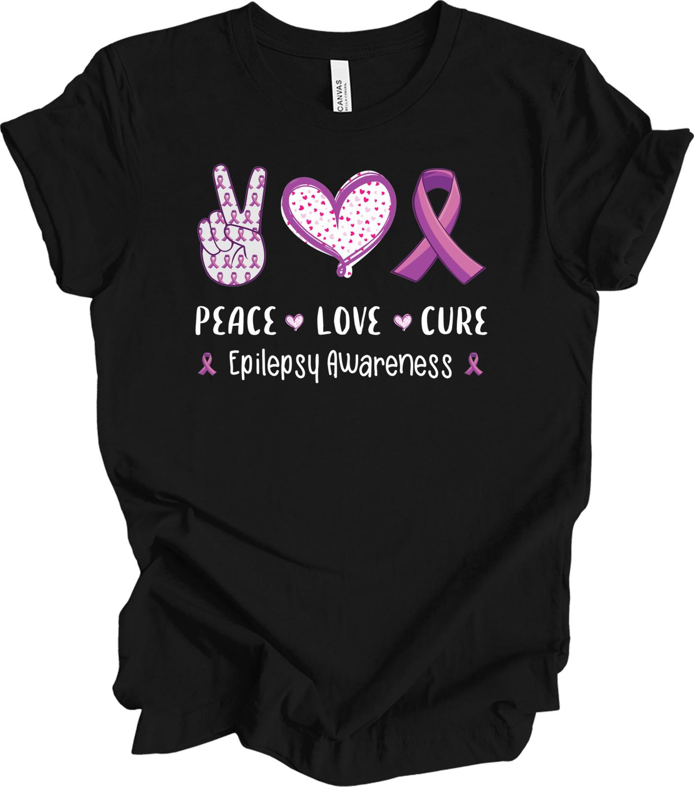 Peace Love Cure Epilepsy Awareness Purple Ribbon T-Shirt Women Kids Gift S